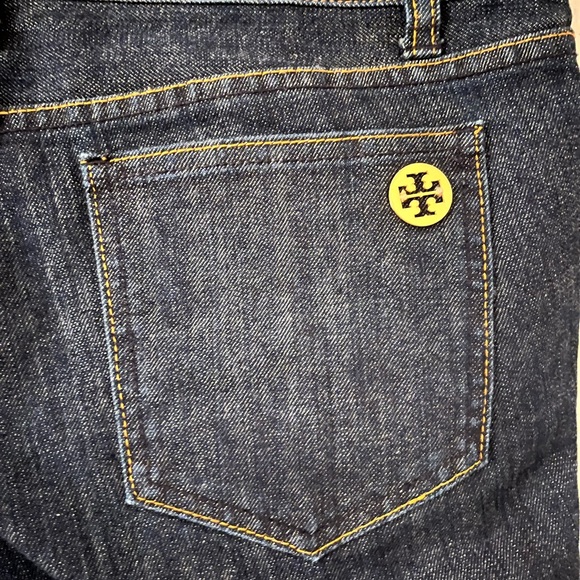 Tory Burch Denim Mid Rise Boot Leg Jean with Gold Trimming - Picture 3 of 6